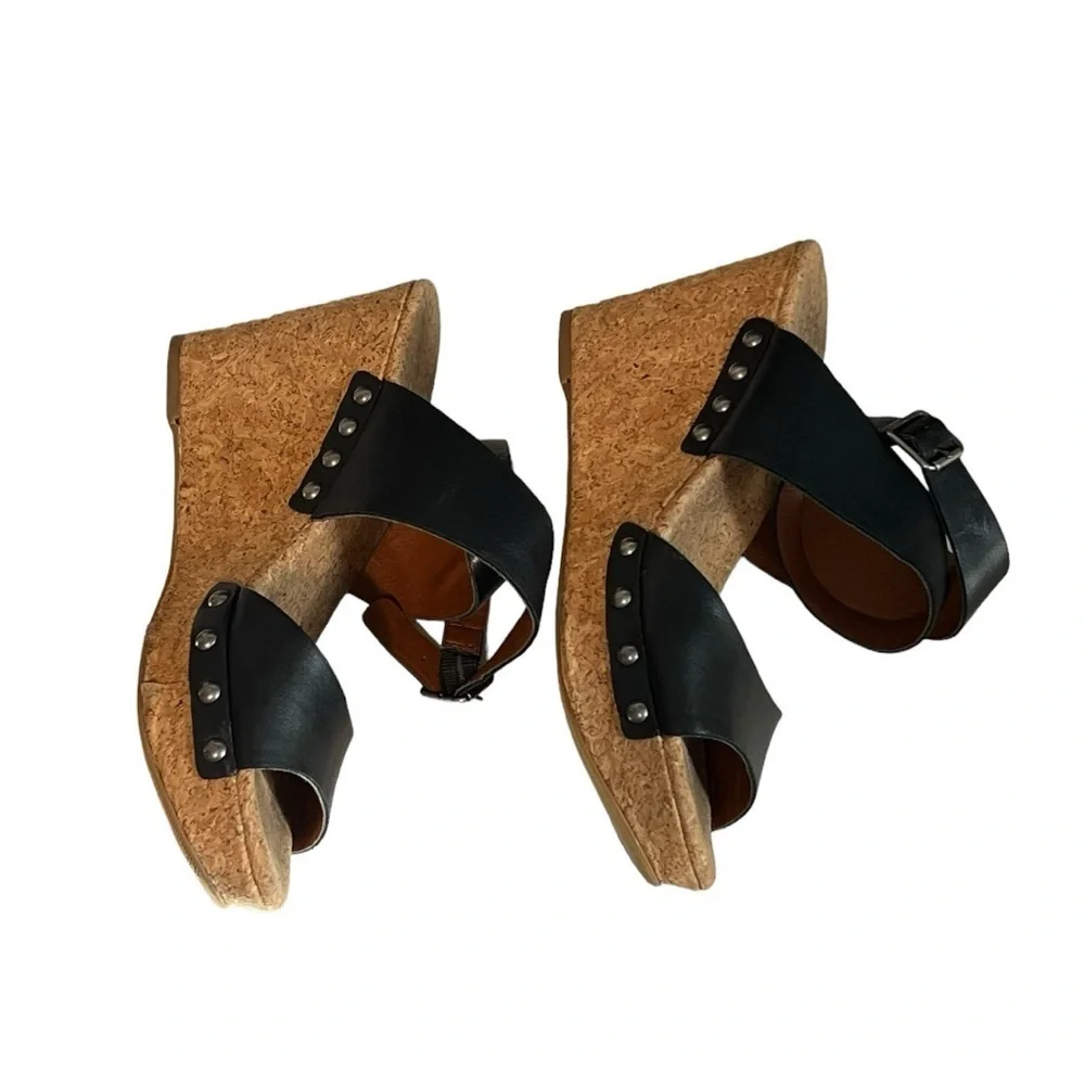 Lucky Brand Moran Cork Wedge Sandals Black Leather Studded Platform Size 8.5